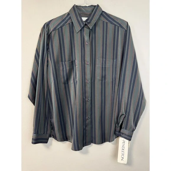 NWT Pendleton Womens Striped Button Down Shirt Size 12 Green Blue‎ Burgundy Poly - Picture 11 of 11